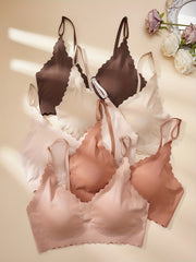 5 Seamless Wireless Bras Comfy & Breathable Scallop Trim Women's Lingerie
