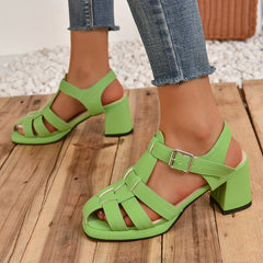 Women's Retro Chunky Heel Cutout Sandals Buckle Strap Solid Sandals