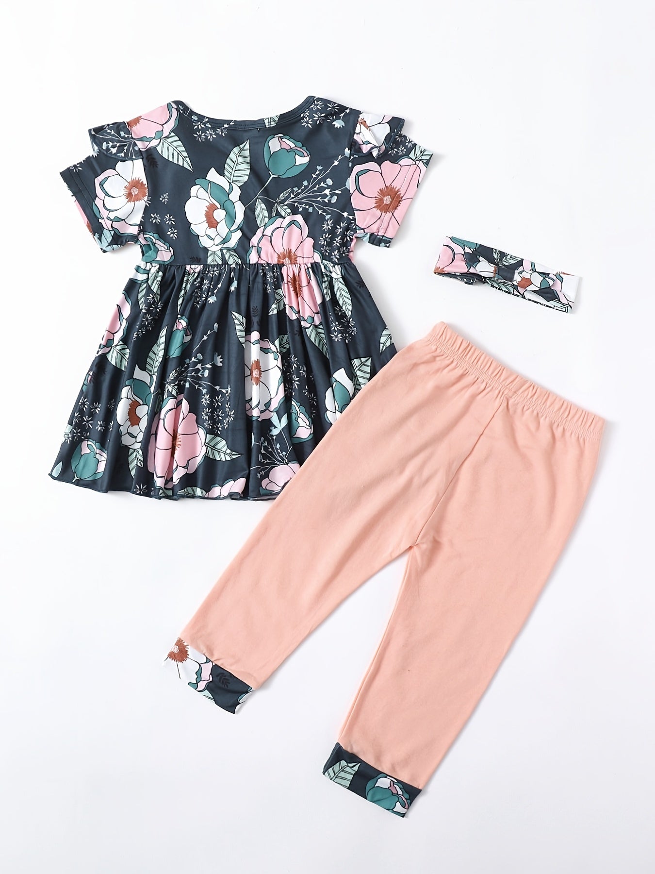 Girls Peplum Top & Flower Pants Set with Headband