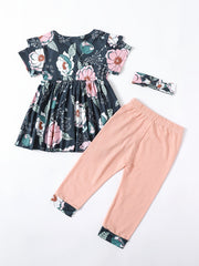 Girls Peplum Top & Flower Pants Set with Headband