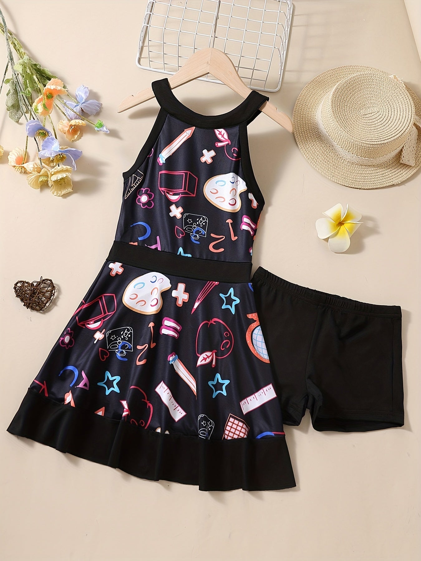 Girls Creative Doodle Halter Dress Swimsuit & Shorts Set