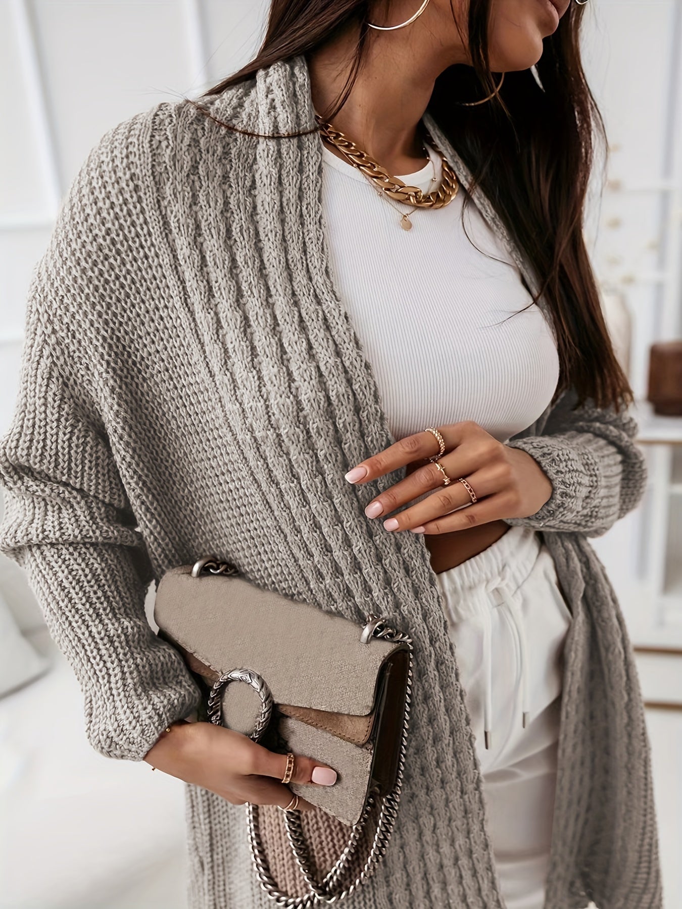 Solid Long Sleeve Open-Front Cardigan
