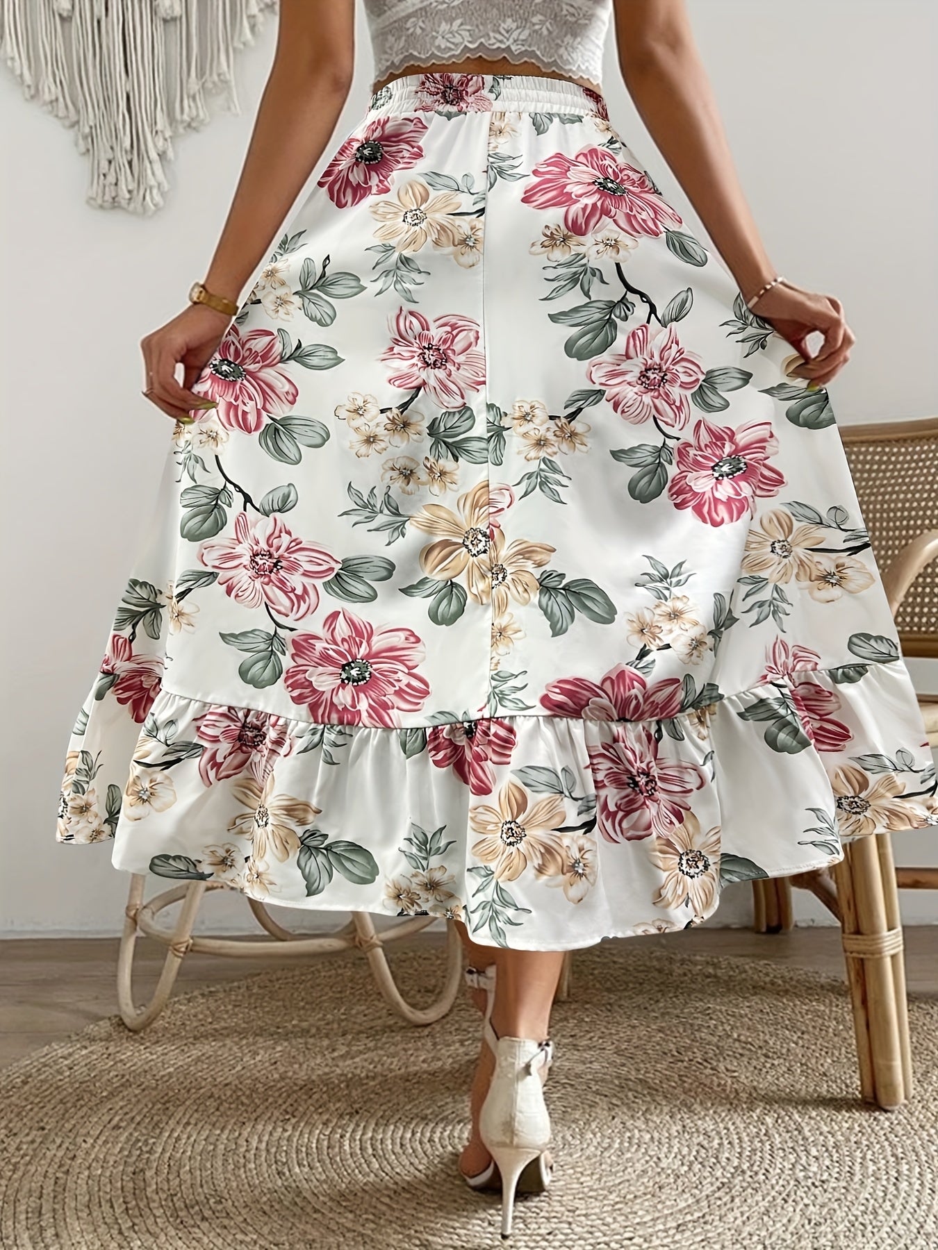 Vintage Floral Print Skirts Elastic Waist Ruffle Trim Summer Skirts