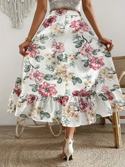Vintage Floral Print Skirts Elastic Waist Ruffle Trim Summer Skirts