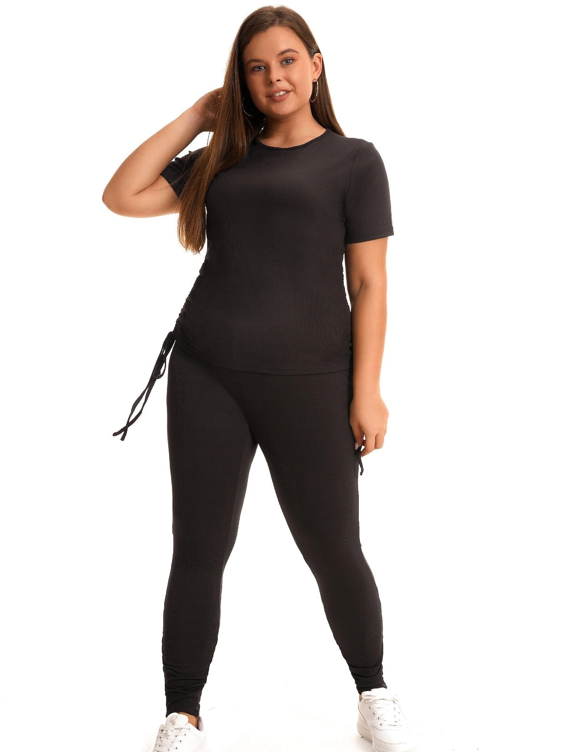 Side Drawstring Tee & Leggings Set Women's Plus Stretch Outfits