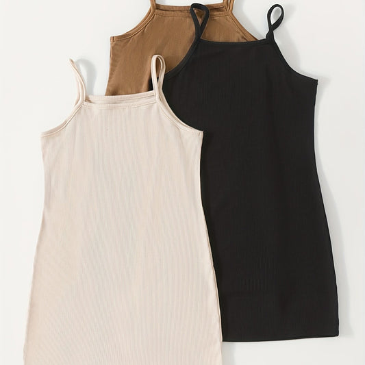 3pcs Girls Ribbed Bodycon Cami Dress w/ Adjustable Straps
