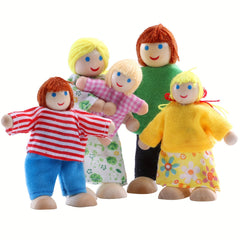Wooden Dollhouse Family Set with Realistic Clothes for Kids Pretend Play