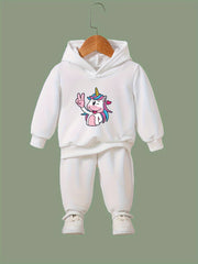 Cartoon Unicorn Hooded Pullover Pants Set For Sports Spring Fall