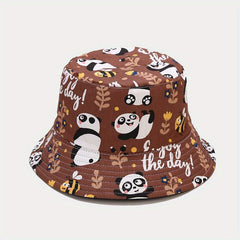 Cartoon Panda Print Bucket Hat Lightweight Sunscreen Cap for Women