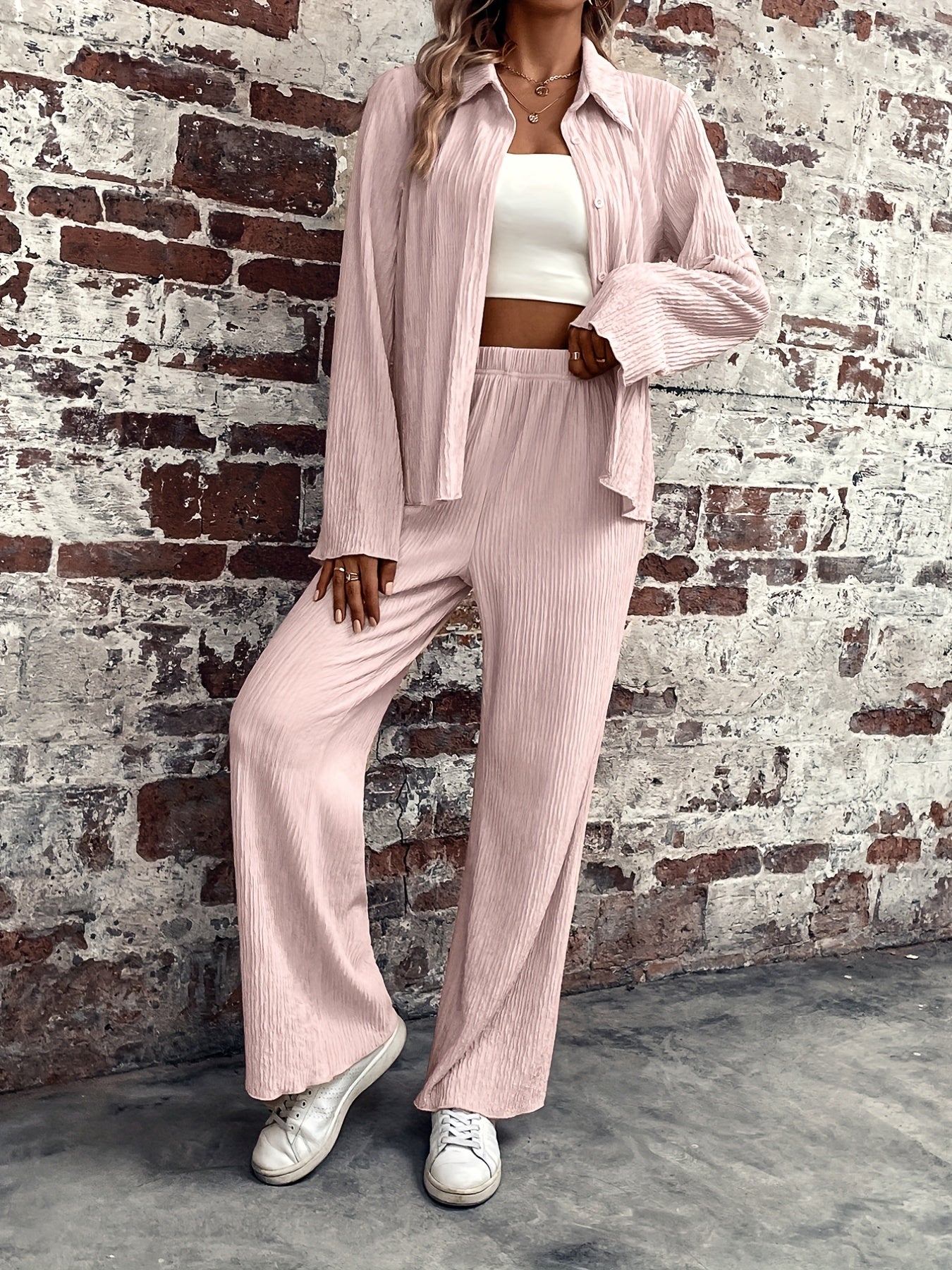 Button Front Shirt & Wide Leg Pants Set