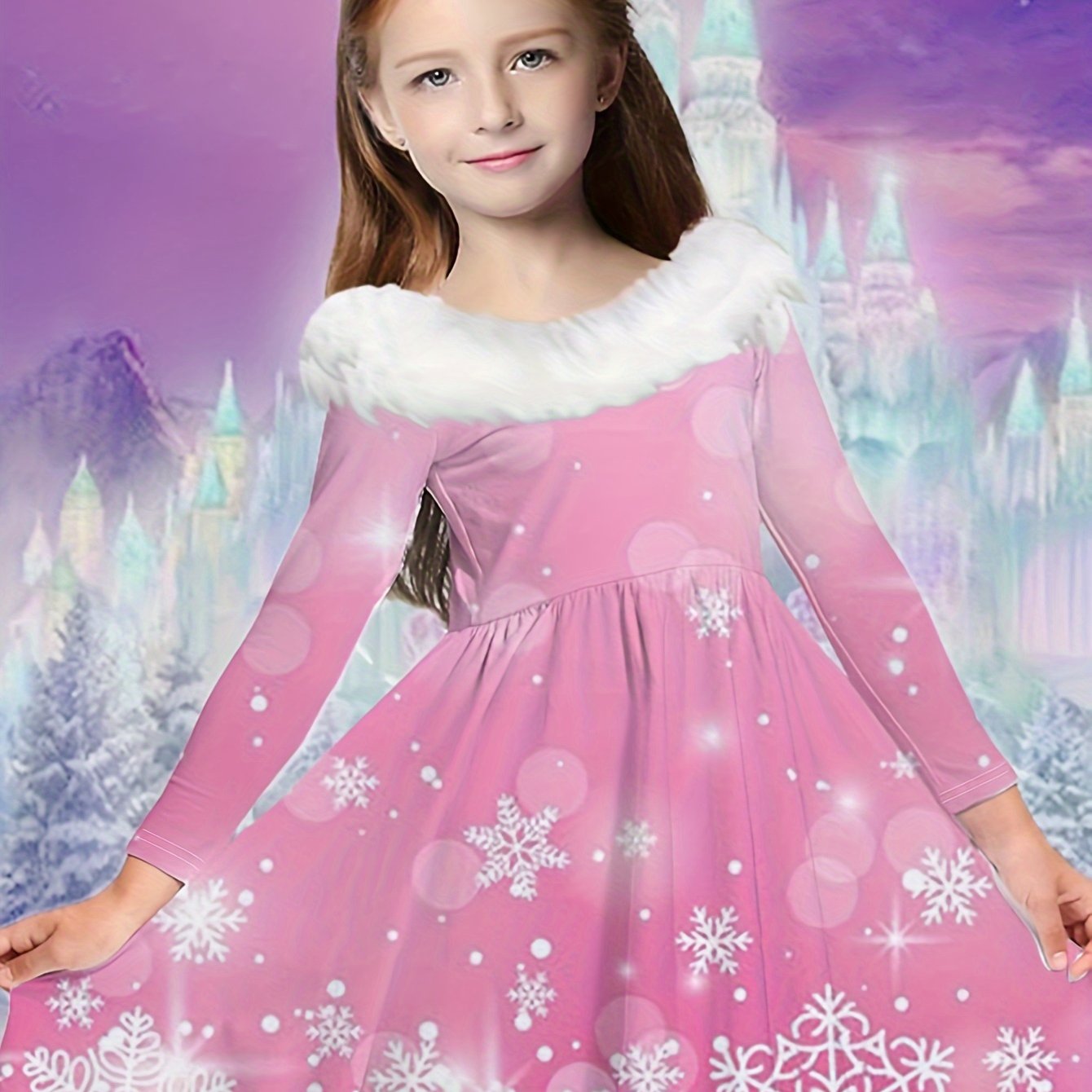 Girls Snowflake Graphic Long Sleeve Dress For Spring Fall Christmas Gift Party