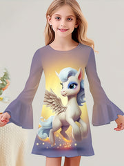 Girls Sweet Unicorn Graphic Crew Neck Long Sleeve Dress