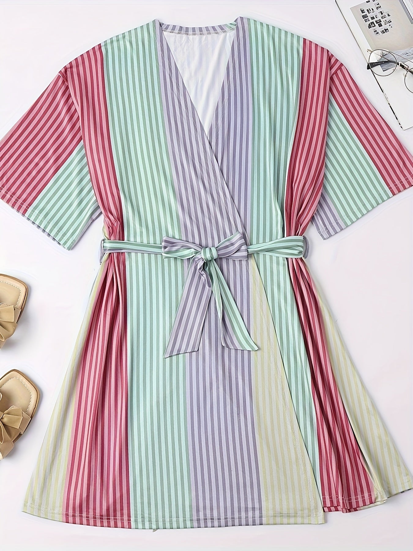 Rainbow Striped Short Sleeve Nightgown