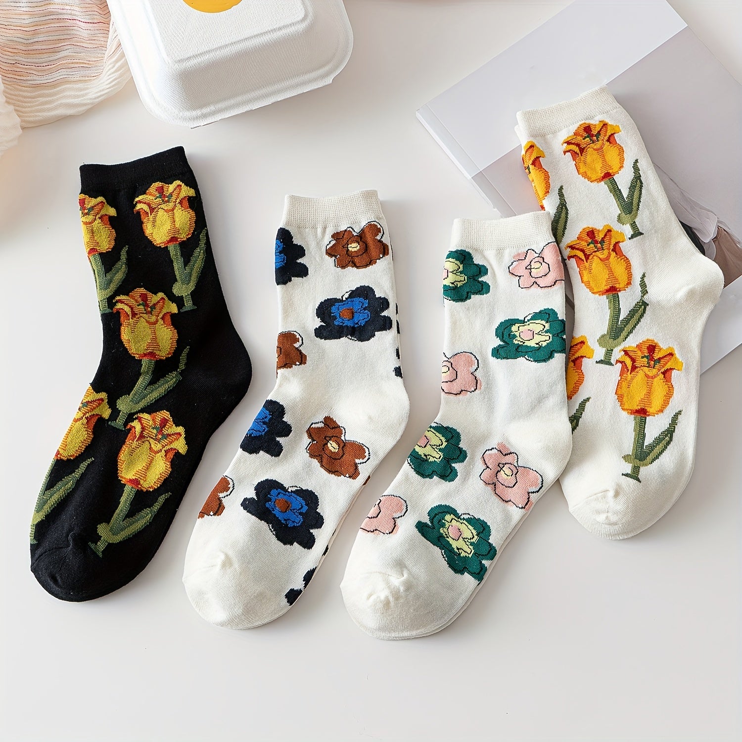 4 Pairs Rose Print Socks Soft & Mid Tube Socks Women's Stockings