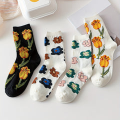 4 Pairs Rose Print Socks Soft & Mid Tube Socks Women's Stockings