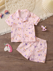 2pcs Girls Unicorn Pajama Set V-Neck Short Sleeve Top & Shorts