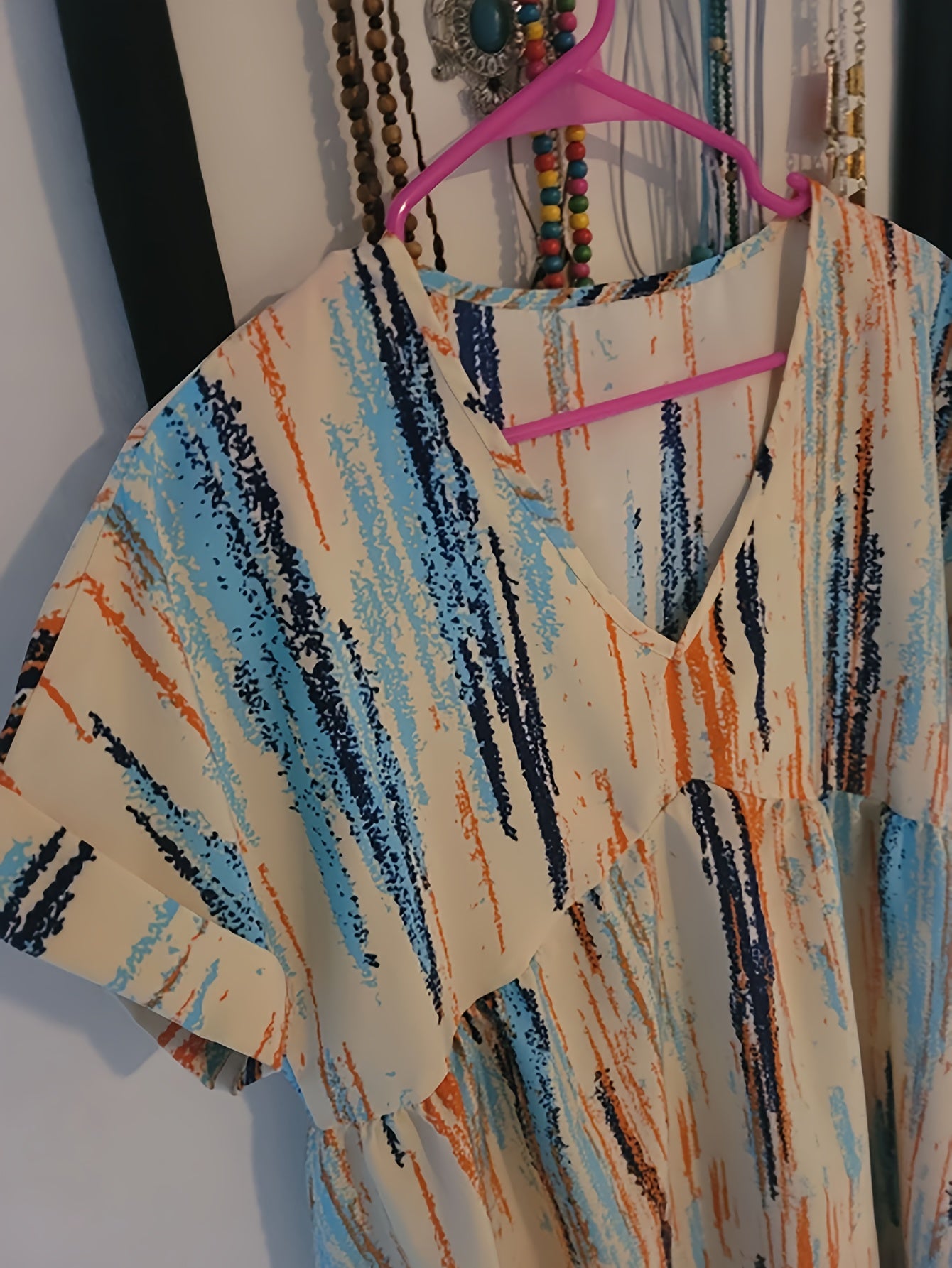 Striped Print Dress Casual V Neck Short Sleeve Dress