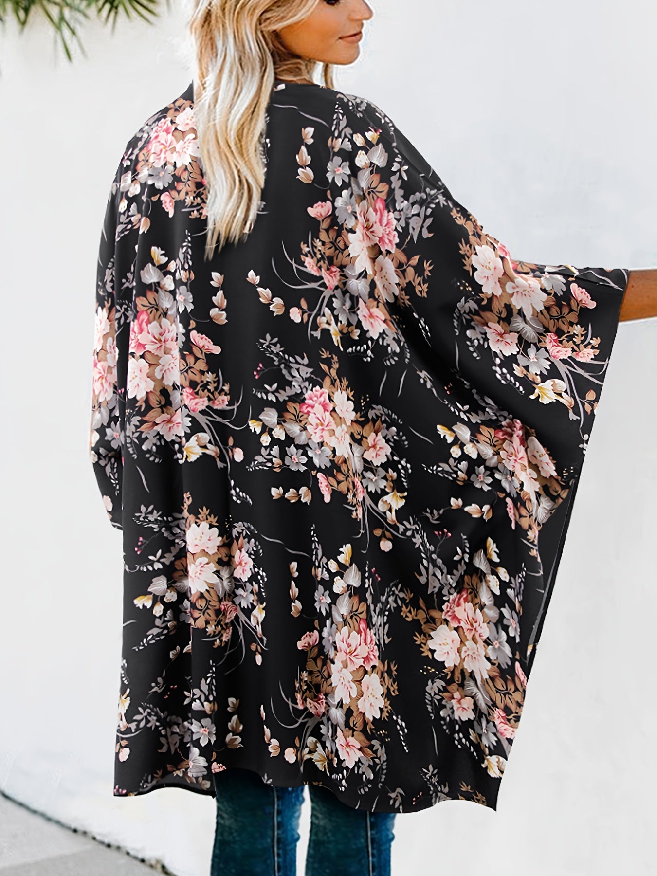 Floral Print Loose Cover Up Cardigan Kimono Sleeve