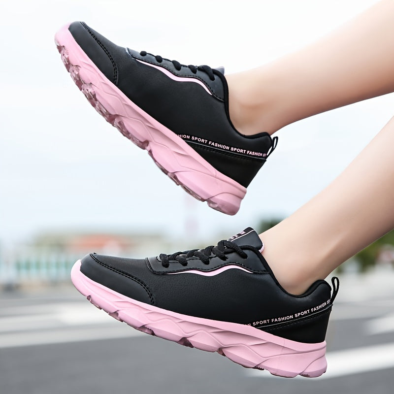 Women's Lightweight Faux Leather Sneakers Non Slip Lace Up Shoes