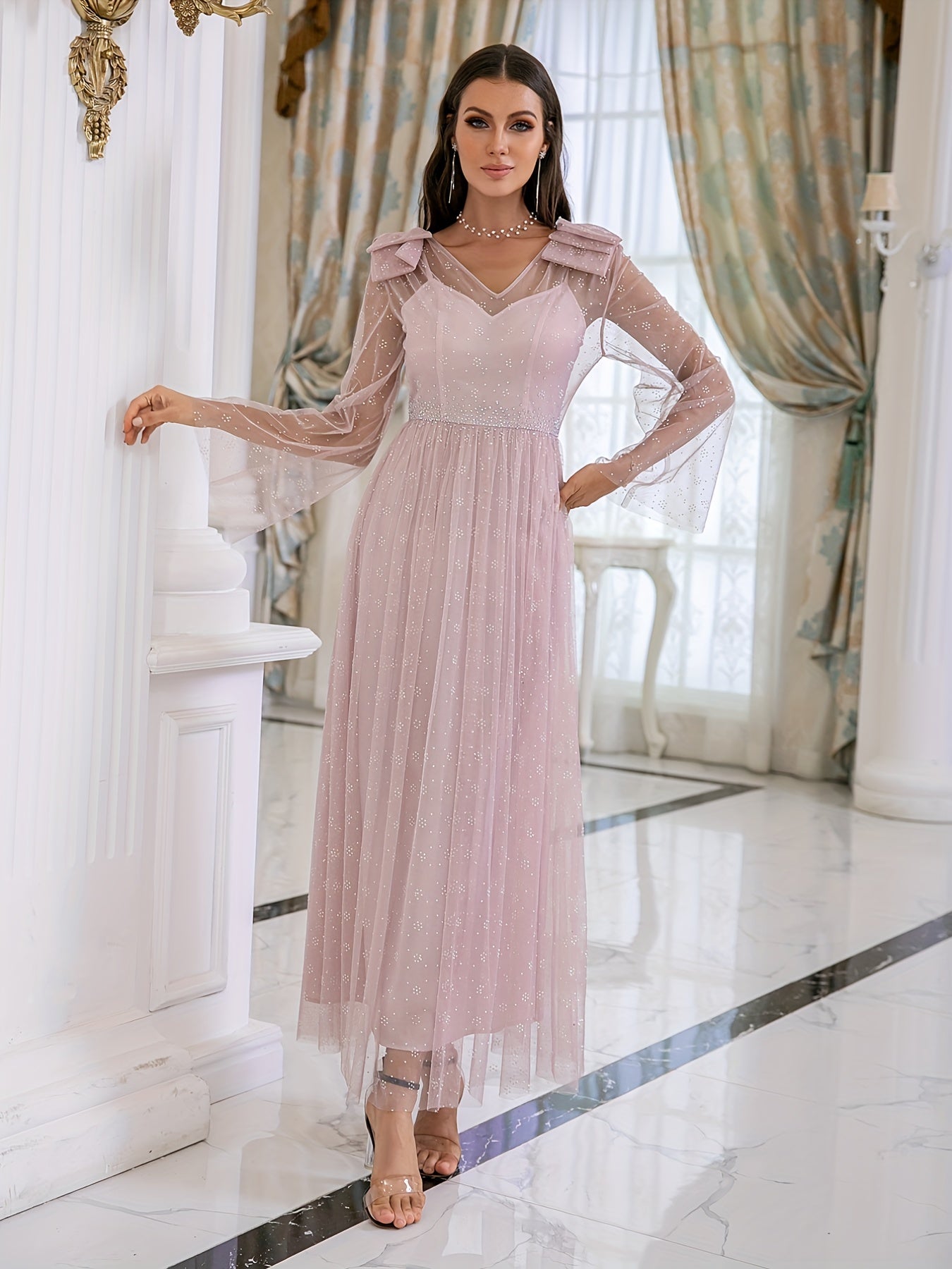Flare Sleeve V Neck Bridesmaid Dress for Wedding Party