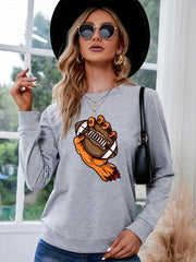 Rugby In Hand Print Round Neck Sweater American Football Loose Long Sleeve Pullo