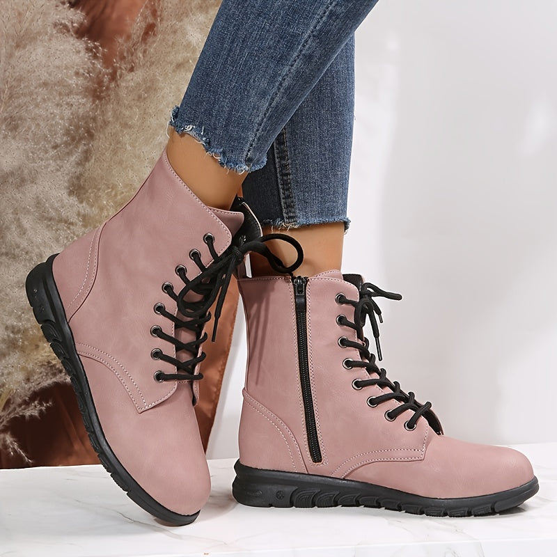 Women's Ankle Flat Boots Lace Up Faux Leather Shoes