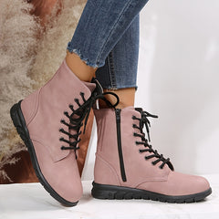 Women's Ankle Flat Boots Lace Up Faux Leather Shoes