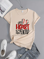 Heart Baseball Letter Short Sleeve Sports Tee for Women