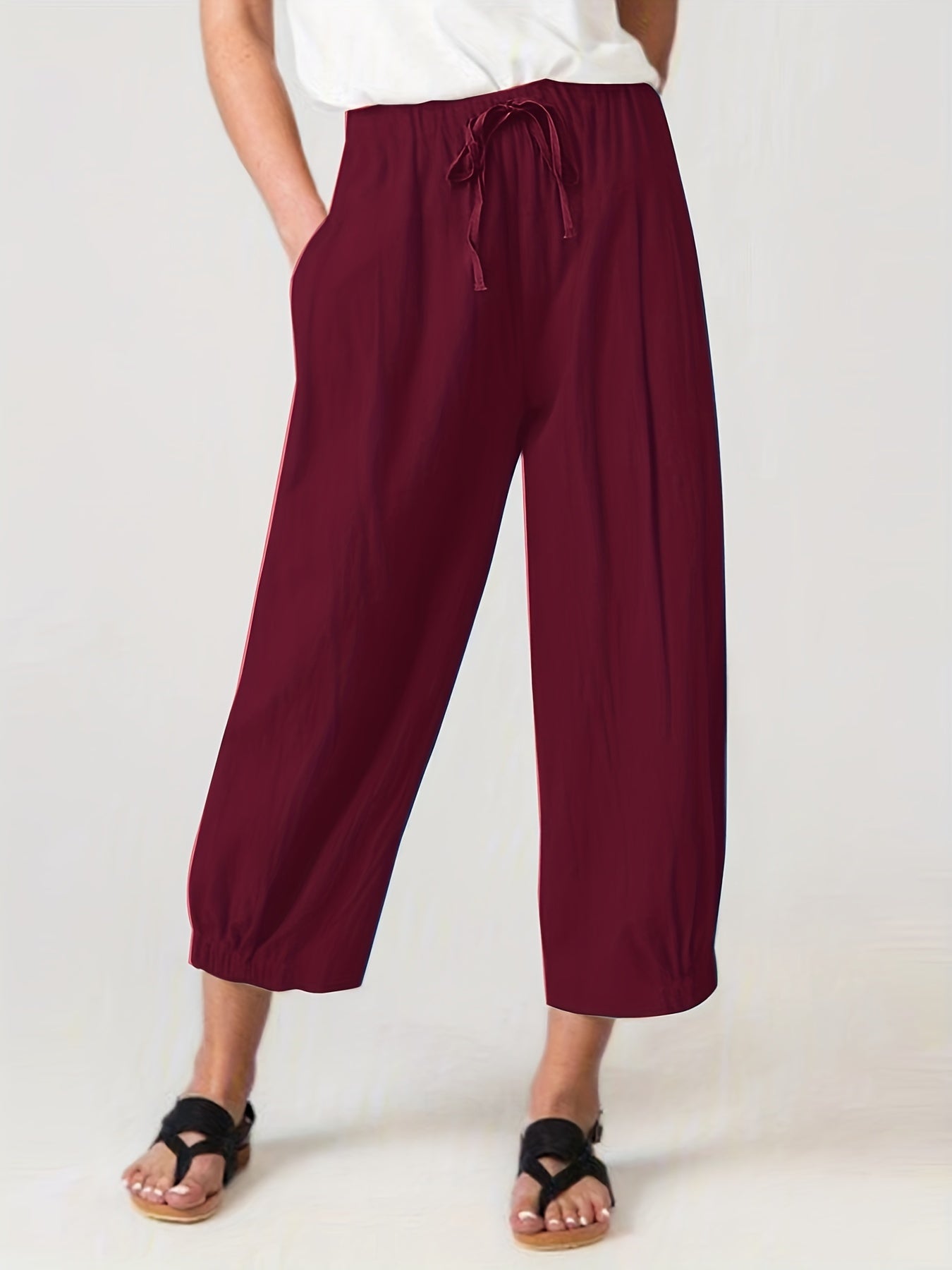 Drawstring Waist Cropped Pants Loose Fit Casual Elastic Trim