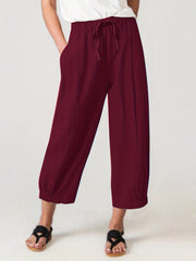 Drawstring Waist Cropped Pants Loose Fit Casual Elastic Trim