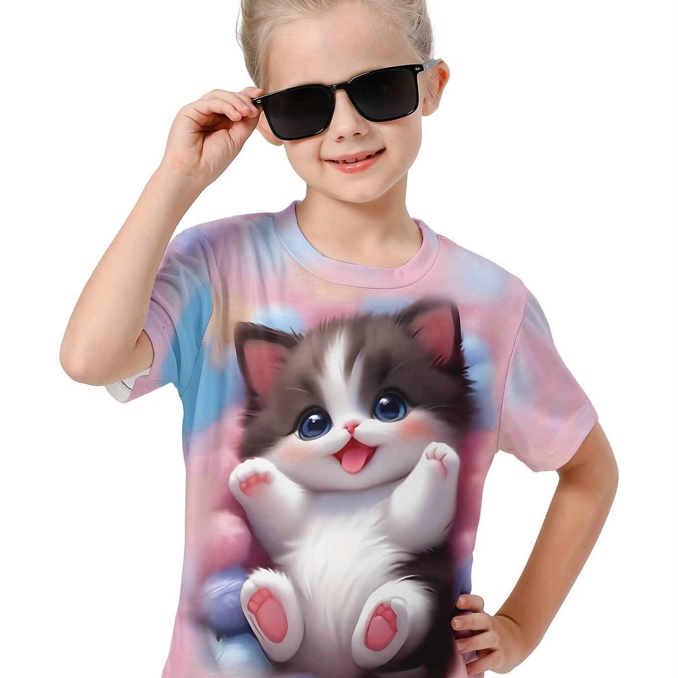 3D Sweet Cat Graphic Short Sleeve T-shirt for Kids