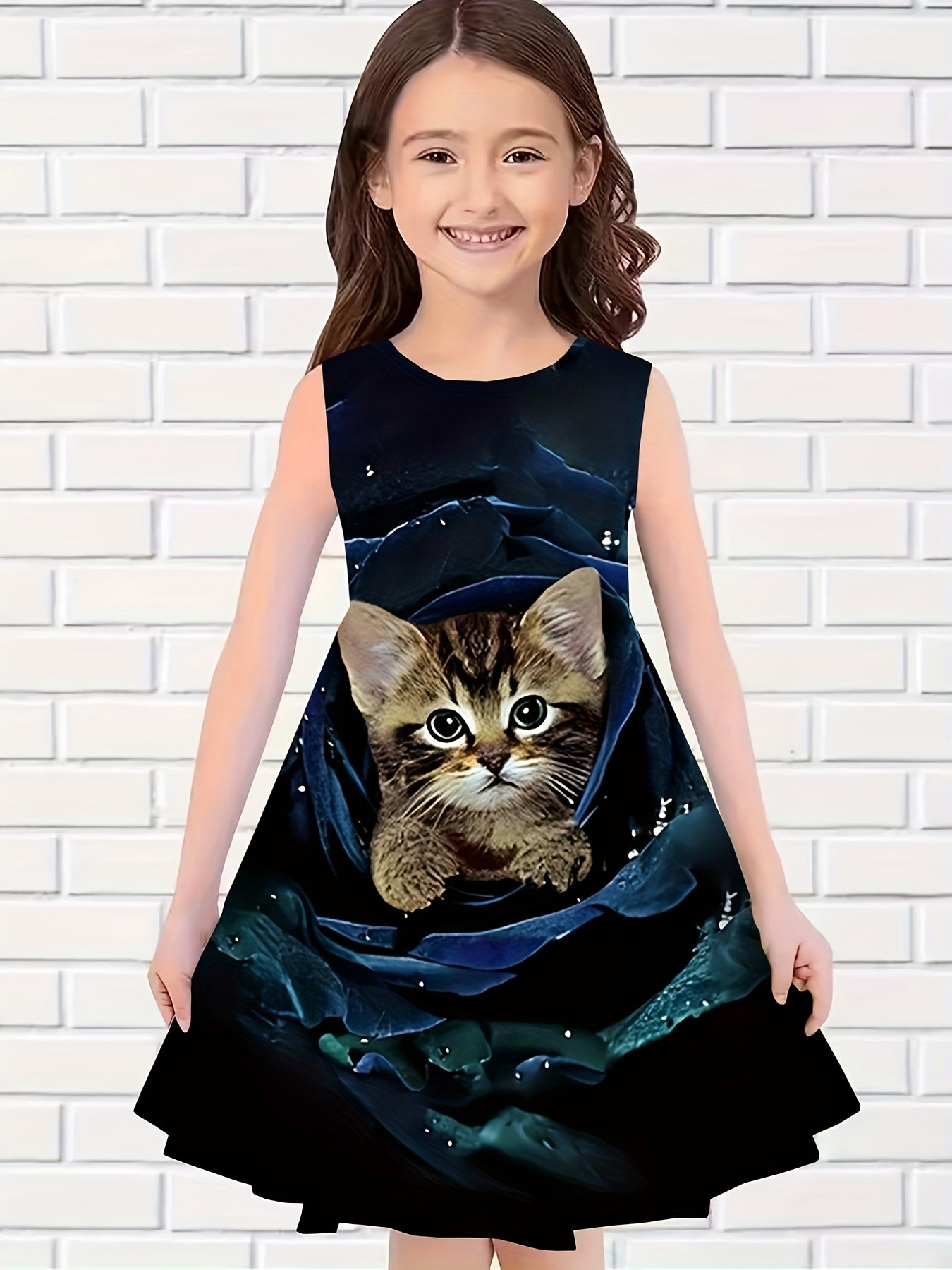 Girls Rose Flower Cat Sleeveless Dress for Summer Party