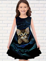 Girls Rose Flower Cat Sleeveless Dress for Summer Party