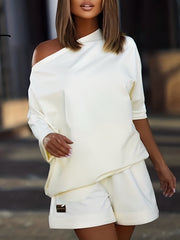 Casual Two Piece Set Slanted Shoulder Short Sleeve Tops & Wide Leg Shorts