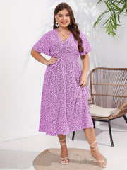 Boho Dress Women's Plus Floral Print Short Sleeve V Neck Dress