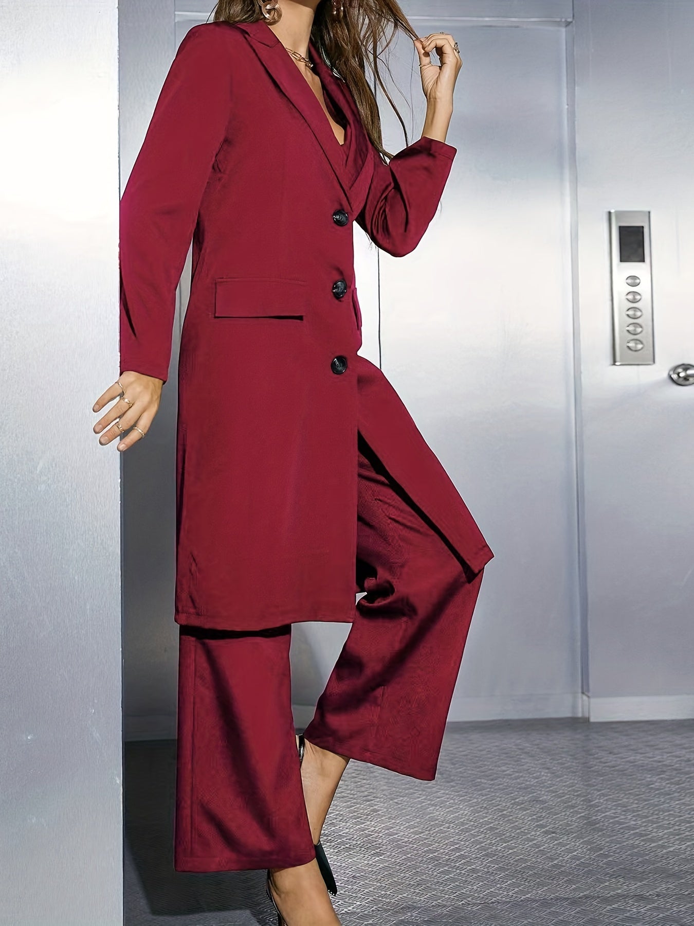 Long Length Blazer Sleeveless Vest Wide Leg Pants Outfit