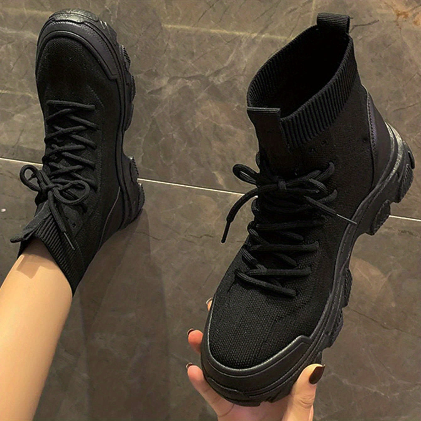Knitted Ankle Boots Lace Up Combat Boots Elastic Platform Boots