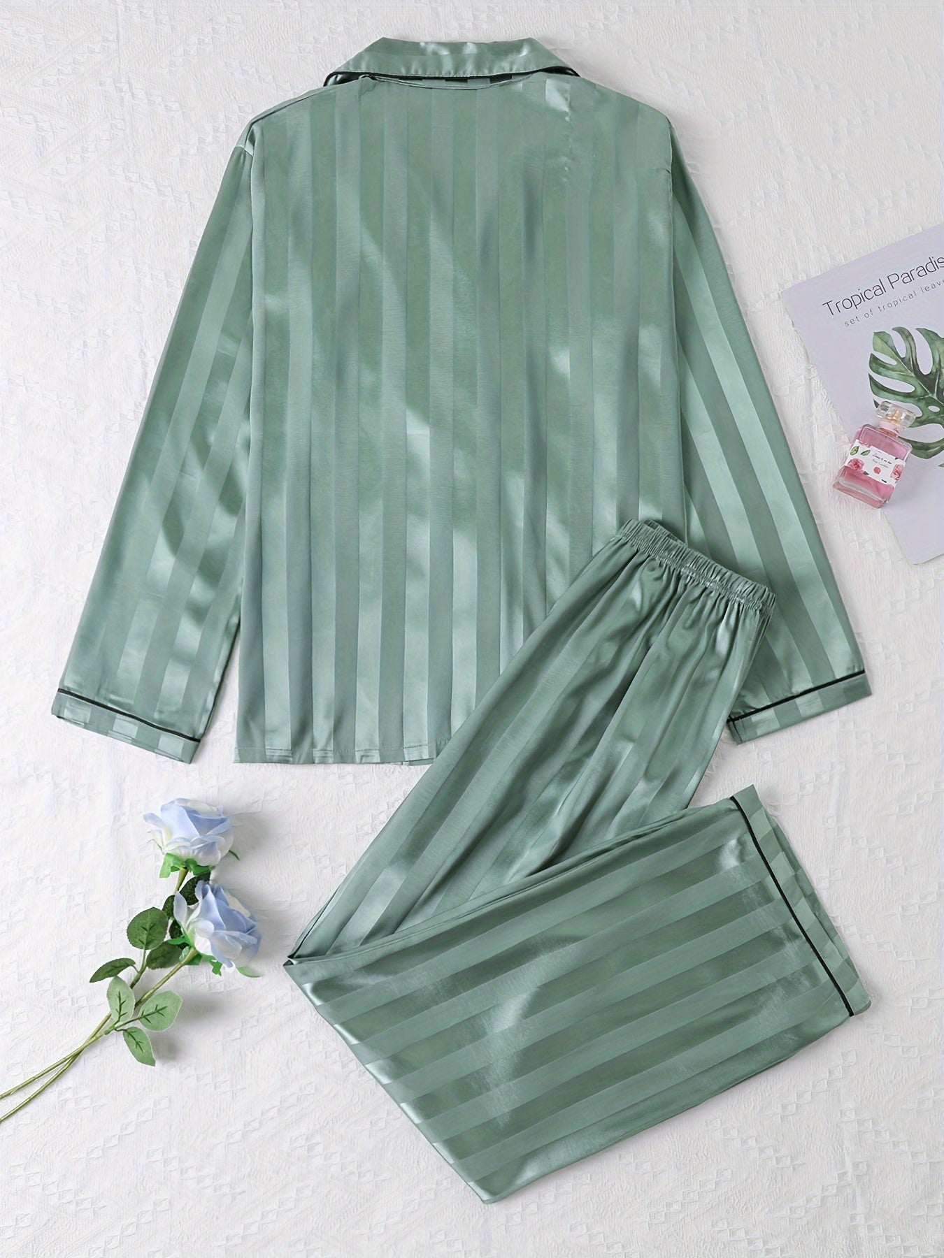 Striped Satin Pajama Set Long Sleeve Buttons Top & Elastic Waistband Pants