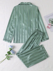 Striped Satin Pajama Set Long Sleeve Buttons Top & Elastic Waistband Pants
