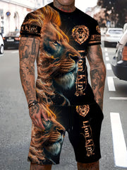 Lion 3d Pattern Men's 2 Piece Outfits Short Sleeve T-shirt And Shorts Set