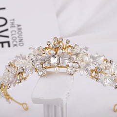 Vintage Golden Crystal Faux Pearl Rhinestone Tiara Wedding Jewelry