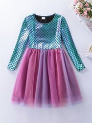 Girls Mermaid Mesh Stitching Long Sleeve Dress for Halloween Party