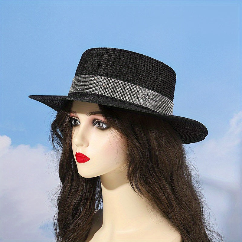 Rhinestone Strap Sun Hat M Label Decor Straw Jazz Hat Flat Top Fedora Cap