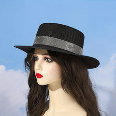 Rhinestone Strap Sun Hat M Label Decor Straw Jazz Hat Flat Top Fedora Cap