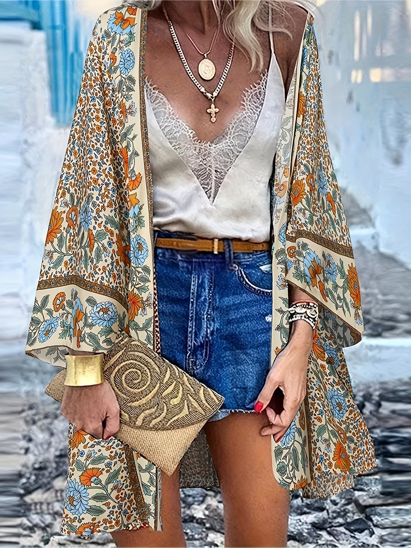 Boho Floral Cardigan Open Front Long Sleeve