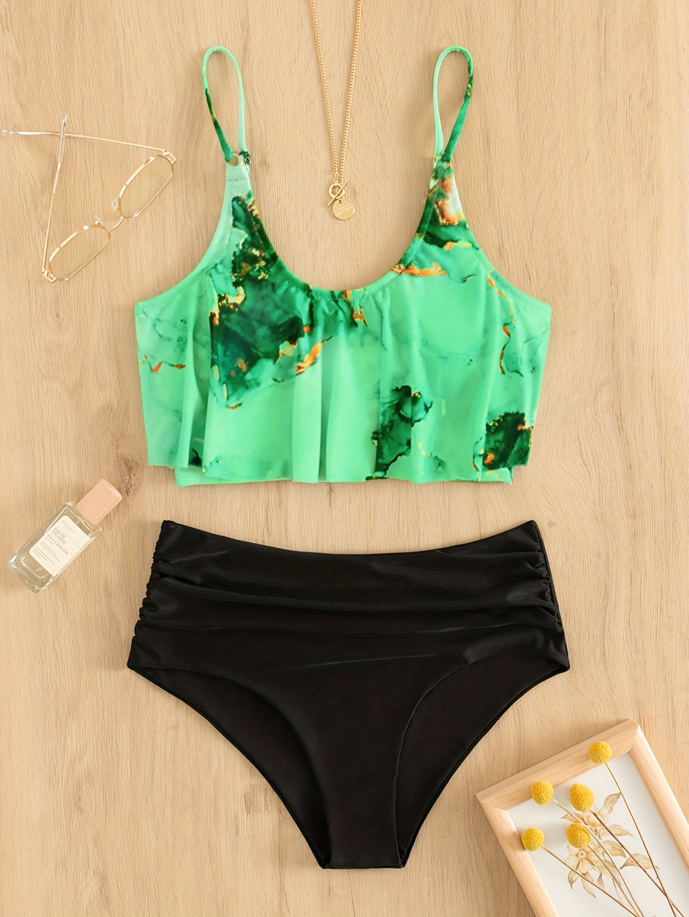 Marble Print 2 Piece Bikini Swimsuit Ruffle Stretchy Women's Swimwear