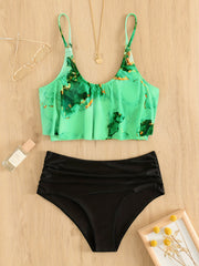 Marble Print 2 Piece Bikini Swimsuit Ruffle Stretchy Women's Swimwear