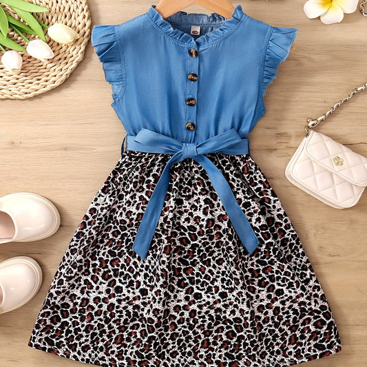 Girls Sleeveless Ruffle Denim Leopard Print Princess Dress