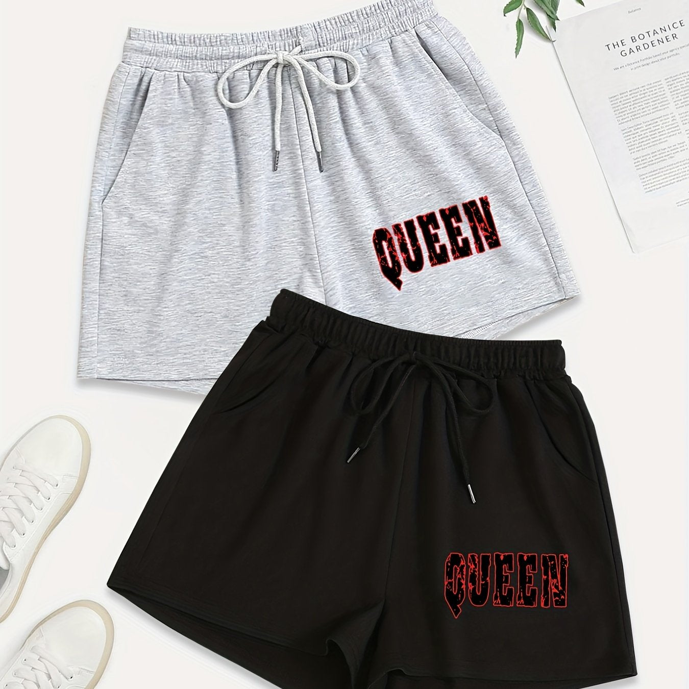 2 Pack Sporty Plus Size Shorts Set Women's Art Print Elastic Waist Drawstring