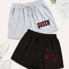 2 Pack Sporty Plus Size Shorts Set Women's Art Print Elastic Waist Drawstring